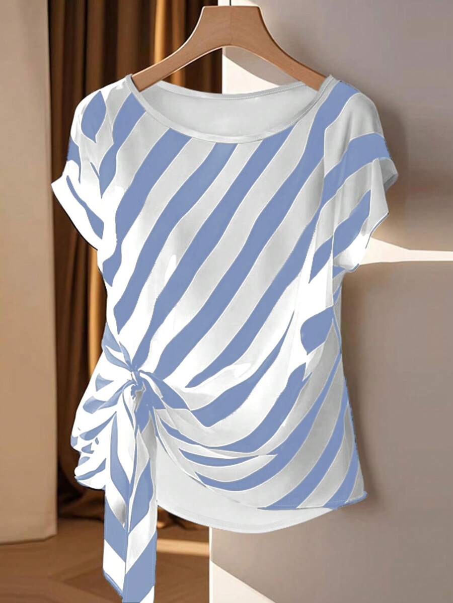 休闲夏日假日条纹系带圆领无袖蝴蝶结下摆开衩女式衬衫