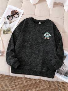 Tween Boy Planet And Bull's Head And Foot Combination Print Snowflake Design Round Neck Long Sleeve Sweater Pullover Autumn Winter Style - Black - View 4