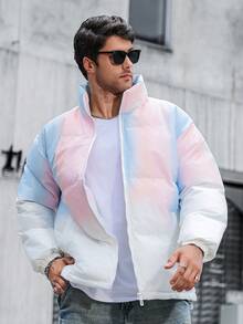 Men's Gradient Color Stand-Up Collar Faux Down Jacket, Loose And Warm Long-Sleeved Stand-Up Collar Down Jacket, Winter Gift