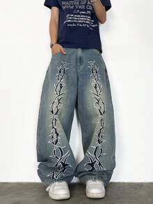 1 pezzo Jeans uomo a gamba larga stile retrò con ricamo di un marchio americano, pantaloni casual con vestibilità ampia e lunga (cintura e accessori non inclusi)