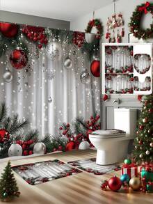 1/4 Pcs Christmas Shower Curtain Set With Holiday Red, Green And White Design - Includes Waterproof Shower Curtain With 12 Hooks, Non-Slip Bath Mat, U-Shaped Toilet Lid Cover And Rug - Perfect For Holiday Bathroom Decor, Multiple Sizes Available