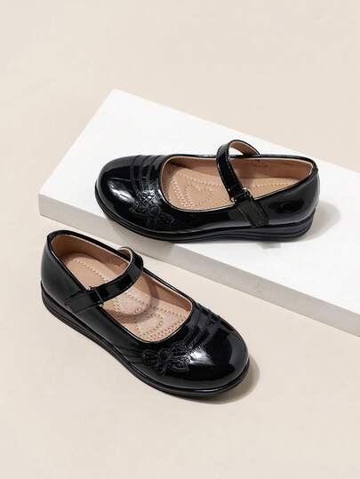 1 Pair Girls' Embroidered Toe Decor & Heart Stitching Design PU Leather Non-Slip Flat Vintage Style Children Dress Shoes