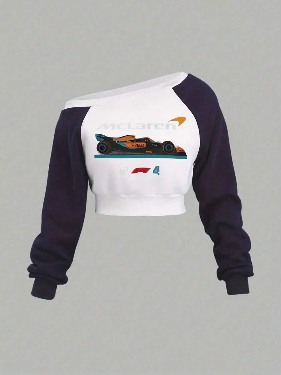 F1 Racing Car Cropped Sweatshirt - Women's Off Shoulder Long Sleeve Pullover, Casual Loose Fit Top, Soft And Comfortable Cotton Blend - Perfect For  Fans, Motorsports Enthusiasts, Everyday Wear. -Halloween Women's Color Block Hooded Sweatshirt Fall Back To School Teacher Outfit Navy Blue Graduation Hoodie - trắng - Xem 1