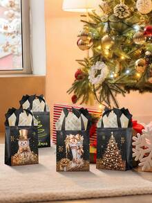 8 Stücke Premium elegante Weihnachtsgeschenktüten mit schwarz-goldener Glitzer-Gestaltung, aus goldenem und schwarzem Kraftpapier mit Tragegriff. Verziert mit Weihnachtsmann, Schneeflocken und Weihnachtsbaum-Motiven. Ideal für Weihnachtsgeschenke auf Weihnachtsfeiern. Weihnachtsthema.