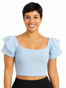 Blusa Cropped Feminina Manga Bufante Babado Canelada Verão