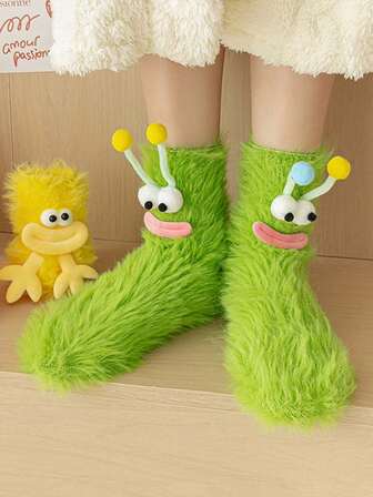 1pc Cute & Funny Plush Socks, Adorable Cartoon Mid-Calf Socks, Warm Fuzzy Slipper Socks For Autumn/Winter, Cozy Sleepwear & Home Wear, Suitable For Christmas Costume Accessories, Christmas Gifts, Green/Hot Pink Caterpillar Socks, Winter Accessories For Women