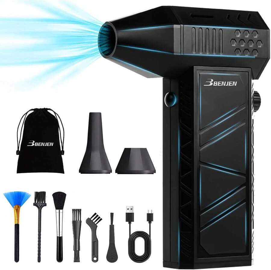 BENJEN - Soplador de aire comprimido, eléctrico, de 150 000 rpm para limpiar teclados y PC, velocidad ajustable infinitamente, sin cables, ventilador turbo, secador, soplador para coche y más - negro - Ver 1