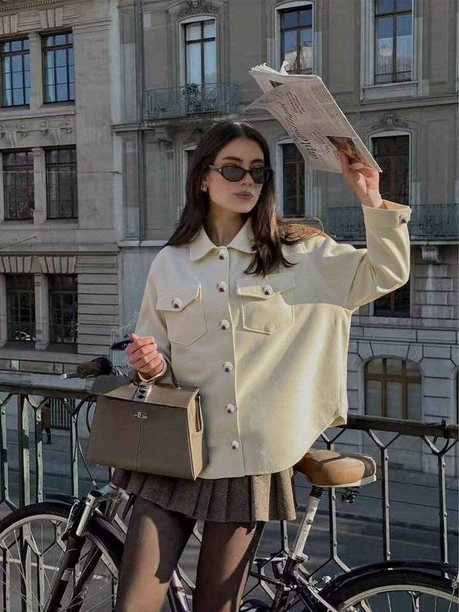 Jaqueta/Casaco de Moda Minimalista Estilo Casual de Escola/Trabalho, Manga Longa Solta, Bolso, Lapela, Lã, Cor Sólida, Adequado para Uso Diário, Outono/Inverno