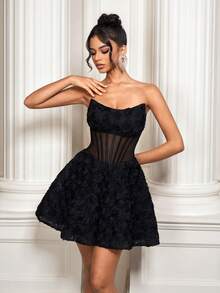 3D 玫瑰花朵迷你连衣裙，轻盈派对连衣裙，优雅黑色露肩紧身迷你连衣裙，性感鸡尾酒会连衣裙，适合万圣节、感恩节、鸡尾酒会 - 黑色 - 查看 6