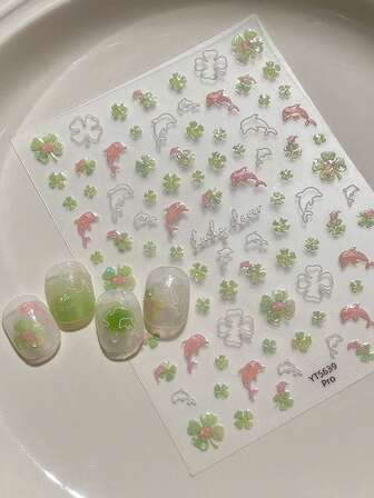 1 st grönklöver nagelkonst klistermärken holografiska shamrock nageldekaler självhäftande 5D präglade lyckofyrklöver nageltillbehör för kvinnor irländsk vårsommardesign manikyrdekor