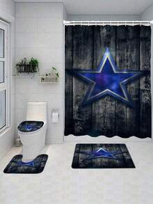 1/4 Stücke Vintage Stern Fußball Serie Duschvorhang Set mit rutschfester Matte, Fußball Serie Badezimmer Dekoration, Badezimmer Zubehör beinhaltet Badematte, U-förmige MatToilette, WC-Sitzabdeckung, wasserdichter 70.87x70.87 Inch Duschvorhang mit 12 Haken, verschiedene Größen erhältlich Weihnachtsdekoration