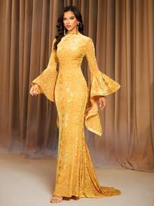 LOVE&LEMONADE Yellow Long Sleeve Flared Cuff Mandarin Collar Floor-Length Evening Gown