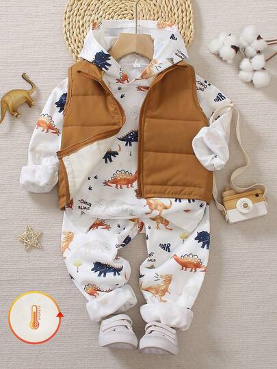 3 件套男童无袖保暖羽绒背心、恐龙印花连帽运动衫和运动裤套装，适合日常户外玩耍、学校、公园野餐以及与家人和朋友的聚会