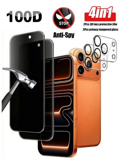 Protector de pantalla de vidrio templado anti-espía 4 en 1 2 piezas + 2 piezas de protector de lente de cámara con impresión de seda, compatible con iPhone 15/15 Plus/15 Pro/15 Pro Max, 14/14 Plus/14 Pro/14 Pro Max, 13 Mini/13/13 Pro/13 Pro Max, 16/16 Pro/16 Plus/16 Pro Max, 17/17 Air/17 Pro/17 Pro Max. Vidrio templado, anti-arañazos, anti-huellas dactilares, anti-caídas, anti-espionaje, ajuste perfecto con la funda del teléfono.