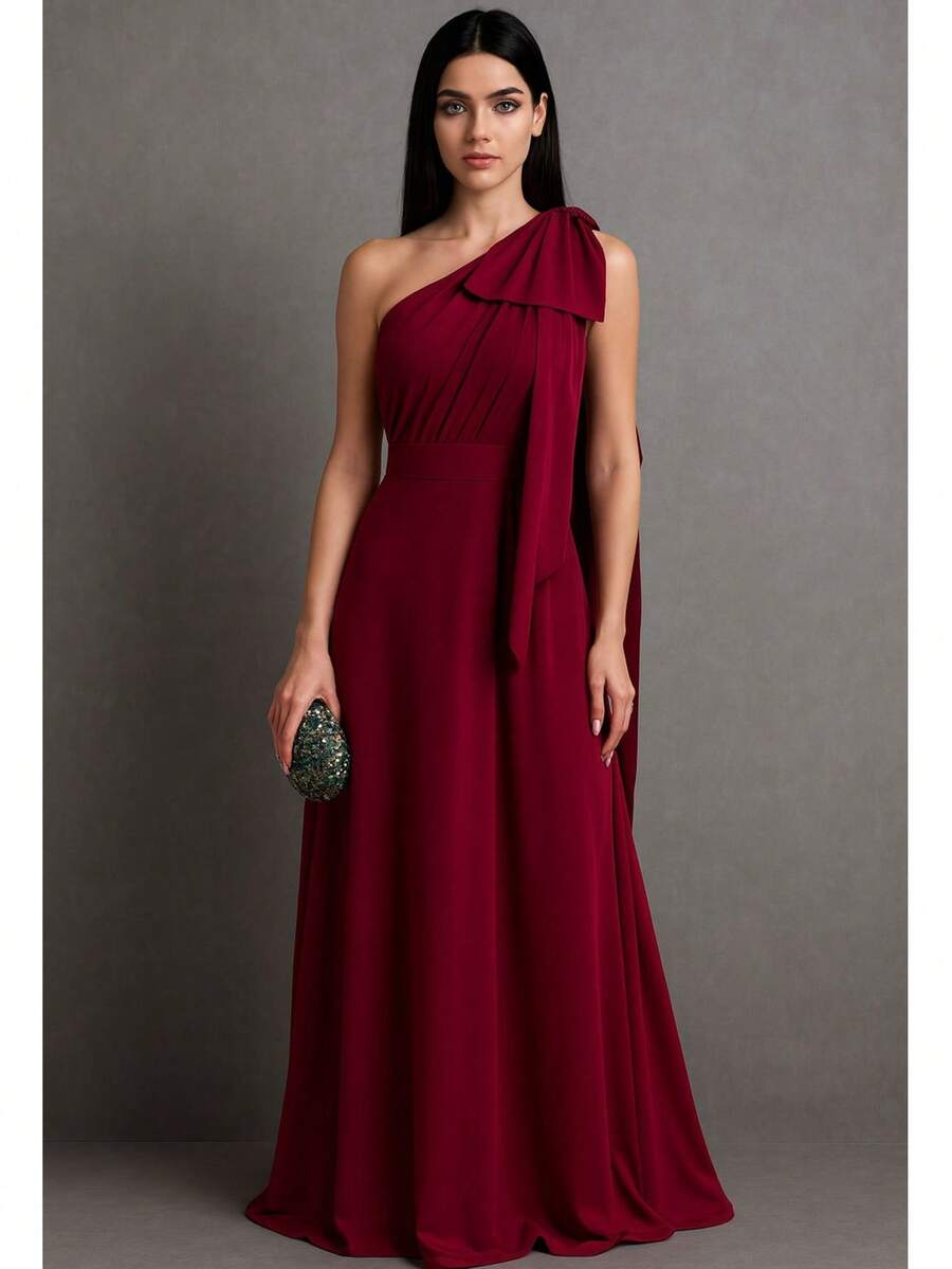 Bridesmaid Dress For Graduation Without Shine Nude Rose Terracotta Serenity Olive Black Or Fuchsia Bow 1 Shoulder - Gỗ đỏ - Xem 1