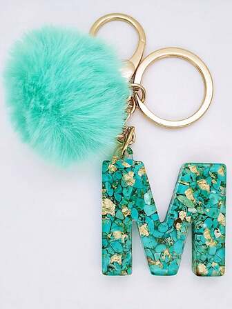 1 pieza Llavero con inicial de alfabeto, llavero de pompón de peluche lindo, accesorio para bolso, mochila, coche, regalo para mujeres y niñas, llavero de resina con lentejuelas, accesorios para billetera y bolso, llavero con borlas, inicial de alfabeto de la A a la Y