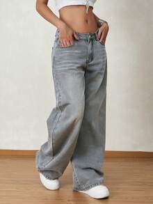 Women's Casual Retro Loose Fit Barrel Leg Jeans - Grey - View 3