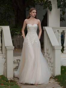 YOUKEFEIER Sweetheart Lace Embroidered Long Wedding Dress For Outdoor Wedding Ceremony - Beige - View 8