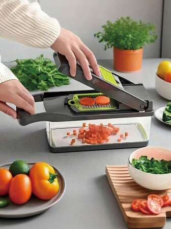 16 pezzi/1 set Grattugia multifunzionale per verdure, affettatrice per frutta, tritatutto manuale per alimenti, grattugia per cipolle, grattugia per patate con contenitore, accessori da cucina salvaspazio per una preparazione dei pasti facile, non lavare in lavastoviglie, regalo per il Ringraziamento, Natale, Ognissanti, San Valentino, Capodanno