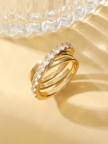 Anillo de circonita cúbica de alta gama en caja de regalo elegante, joyería de moda brillante para bodas, fiestas y bailes de mujeres, hecho de material de cobre resistente al desgaste y a las alergias, regalo ideal para el Día de San Valentín - Dorado - Ver 10