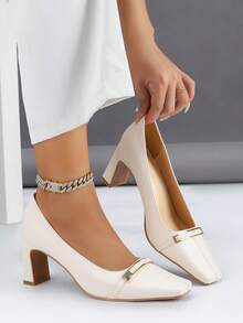 1 Par de Bombas de Salto Grosso de Bico Quadrado Francês Fashionable & Versátil, Feitas de Couro de Qualidade Vintage com Decoração de Tira, Adequadas para Vários Ambientes de Trabalho