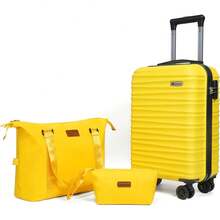 3 Piece Luggage Set ABS Hardshell Spinner Wheels Carry On Suitcase With Weekender Bag & Toiletry Bag - Yellow - Yellow - View 2