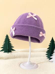 1pc Baby Girls' Knitted Beanie Hat With 3 Bows, Cute Infant Warm Knit Hat With Folded Brim, Elongated Winter Warm Baby Hat, Fashion Personalized Baby Warm Hat