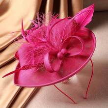 Tea Party Hat For Women - Rose Red Derby Fascinator With Detachable Headband (9.64"X7.87" / Head Circumference 21.5"-23.5") - Lightweight Feather & Polyester - Hồng - Xem 2