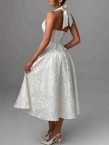 Women Jacquard Halter Dress Elegant Low Cut Sleeveless Open Back A-Line Long Dress For Evening Party Club - trắng - Xem 8