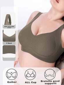 1pc Women's Wireless Bra, Lightweight Lift & Support Design, Deep V-Neck, Suitable For Elegant Sleepwear And Everyday Wear, Soft & Skin-Friendly - Khaki - View 1