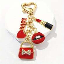 1pcs Valentine's Day Gift For Her - Vintage Rhinestone Embellished LOVE Letter And Heart Pendant With Red Lips Gold Alloy Bag Charm, Fashion Keychain Or Bag Accessory, Bold Lipstick Design, Shiny Rhinestone Decoration - 1 - Xem 2