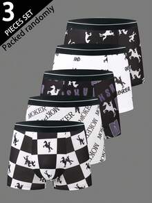 3 piezas Calzoncillos de moda para hombres, pantalones cortos tipo bóxer suaves, elásticos y delgados con letras y patrones geométricos, ropa interior casual, diseños novedosos