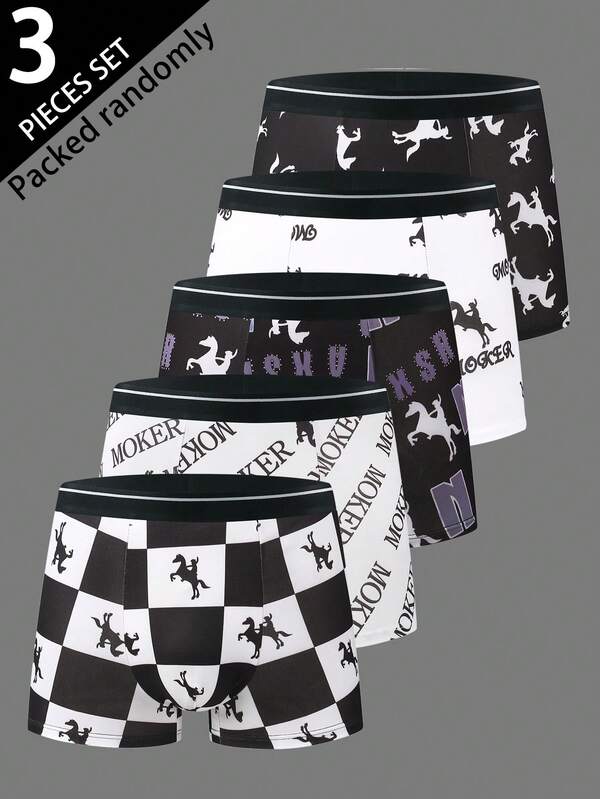 3 piezas Calzoncillos de moda para hombres, pantalones cortos tipo bóxer suaves, elásticos y delgados con letras y patrones geométricos, ropa interior casual, diseños novedosos