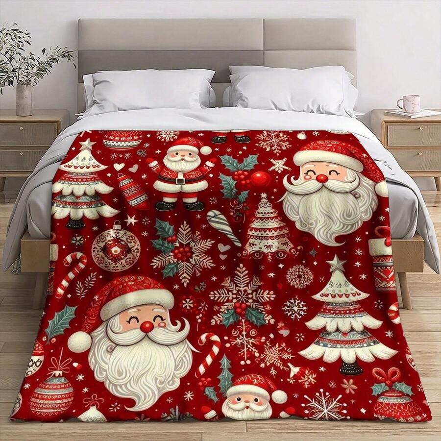 1PC Vintage Santa Claus And Christmas Tree Themed Flannel Blanket, Machine Washable, Soft And Comfortable, Lightweight Wool Blanket, Suitable For Home Decoration All Year Round, A Gift For Friends, Suitable For Sofas, Beds, Cars, Offices, Camping, Travel, Outdoor, Suitable For Giving To Family And Friends. - Multicolor - View 1