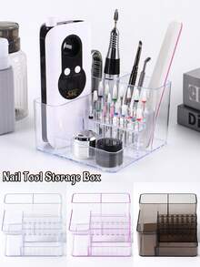 FULL BEAUTY 1pc Transparent Portable Empty Nail Storage Box With Layered Compartments For Nail Drill Bit Display Storage, Grinding Machine, Nail Polish, Brush, Tweezers Organizer - No Assembly Needed, Acrylic Desktop Nail Art Tool Organizer Nail Supplies