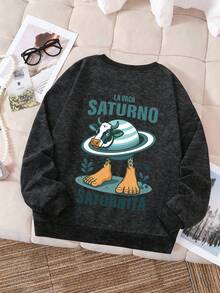 Tween Boy Planet And Bull's Head And Foot Combination Print Snowflake Design Round Neck Long Sleeve Sweater Pullover Autumn Winter Style - Black - View 2