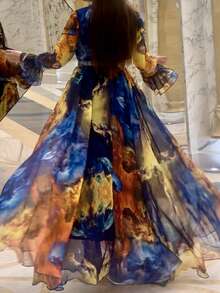 女式立领随机印花撞色、独特袖子、系腰带优雅长袖连衣裙 - 彩色 - 查看 3