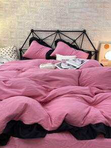 Set Sprei Lembut 3 Buah (1 Sarung Selimut + 2 Sarung Bantal), Warna Krem Merah Muda dengan Hiasan Rumbai, Cocok untuk Kamar Tidur & Kamar Tamu, Sepanjang Musim, Dapat Dicuci dengan Mesin - Hot Pink - View 7