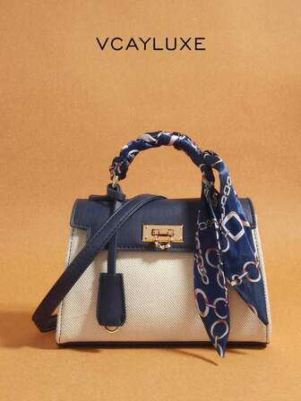 1pc Fashion Blue (Scarf Can Be DIY) Patchwork White Minimalist Style Handbag, Suitable For Business, Casual, Shopping, And School, Front Twist Lock Handbag, With Shoulder Strap, Crossbody Bag, Lightweight , Retro Charm, Elegant And Unique Style, Suitable For Any Occasion