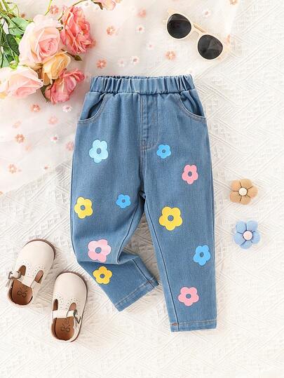 女童水洗牛仔花卉印花休闲户外百搭裤