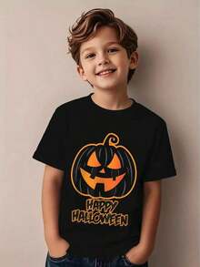 Kids' Happy Halloween T-Shirt - Black With Orange Pumpkin & Happy Halloween Text, Soft Breathable Fabric For Trick-Or-Treat, Parties, Everyday Fall Outfits - Machine Washable 's Halloween Party Shirt, Trick Or Treat Shirt, Festive Kids Clothing, Playful Holiday Design, Lightweight 's Wear, Holidaythemed Apparel, Halloween Clothes - Negro - Ver 1