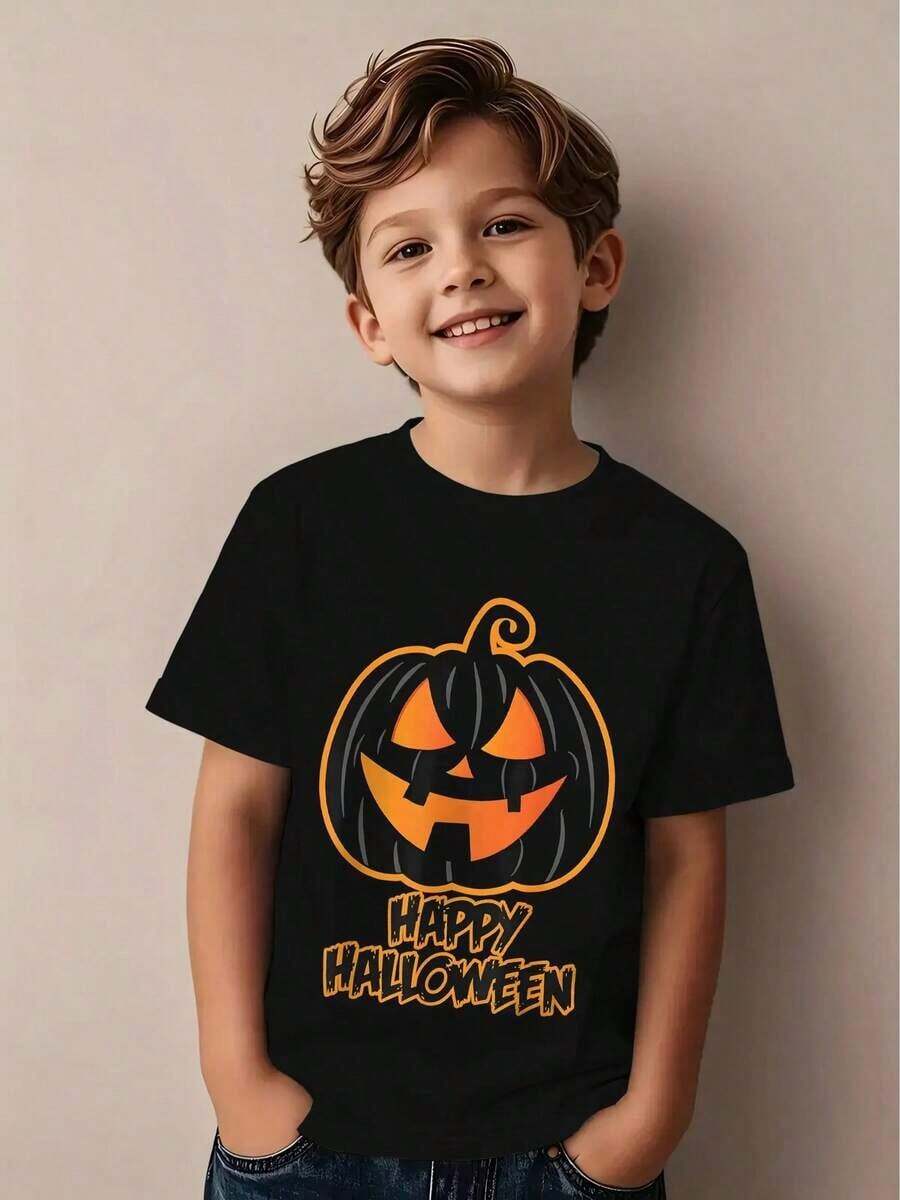 Kids' Happy Halloween T-Shirt - Black With Orange Pumpkin & Happy Halloween Text, Soft Breathable Fabric For Trick-Or-Treat, Parties, Everyday Fall Outfits - Machine Washable 's Halloween Party Shirt, Trick Or Treat Shirt, Festive Kids Clothing, Playful Holiday Design, Lightweight 's Wear, Holidaythemed Apparel, Halloween Clothes - Negro - Ver 1