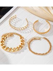 4pcs Heart & Leaf Decor Double Chain Bracelet Set, Gift For Women