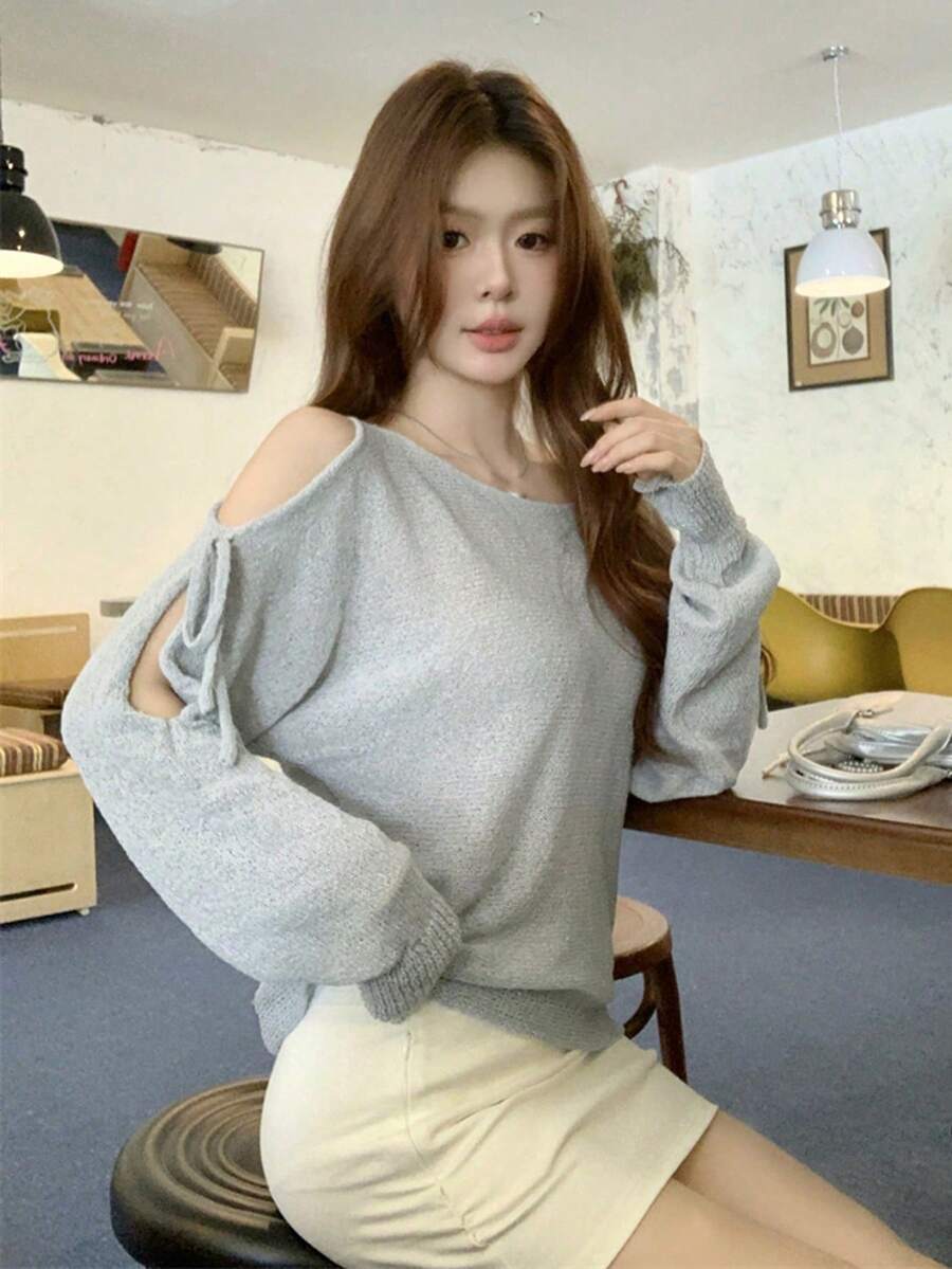 New Arrival Early Autumn Korean Style Off-Shoulder Tie-Up Lightweight Sheer Cover-Up Tops Spring - Grey - View 1