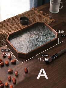 1pc Crabapple Blossom Vintage Embossed Wooden Glass Walnut Color Snack Storage Box, Rectangular Polygonal Cloisonne Tea Tray, Dessert Platter, Household Serving Tray - Walnut - View 11