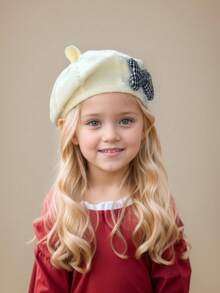 1pc Girls' Plaid Bow Knitted Beret Hat, Beige
