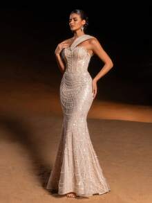 Faeriesty Haute Glamour Elegant Beaded One-Shoulder Mermaid Evening Gown With Delicate Sheer Draped Fabric – Intricate Corset-Style Beading, Fan-Patterned Skirt & Graceful Mermaid Silhouette For Weddings, Galas, Proms & Red-Carpet Events