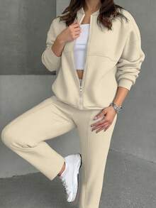 2pcs Set: Solid Color Minimalist Hoodie Jacket Top And Straight Leg Pants, Fashion Outfit For Spring, Autumn, Winter