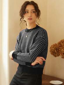 Knit Mix 優雅女款秋冬法式時尚日常居家休閒通勤針織圖案圓領長袖套頭毛衣上衣 - 黑色 - 查看 5