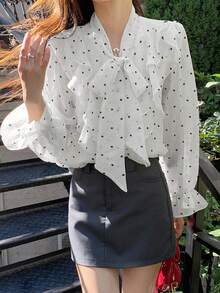 荷叶边波点长袖雪纺衬衫，宽松蝴蝶结系带夏季女式上衣 白色 春季 - 白色 - 查看 4